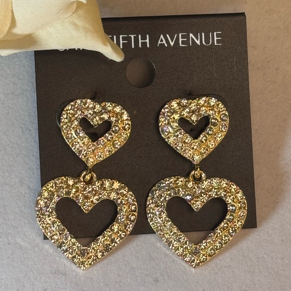 Saks Fifth Avenue Gold Tone Dangling Heart  Red Crystal Post Earrings 1.5in - Picture 10 of 12